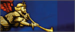 Man with red wings playing musical instrument