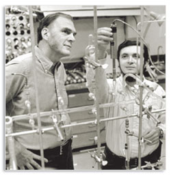 Rowland, F.S., and Mario Molina in chemistry lab, January, 1975. 