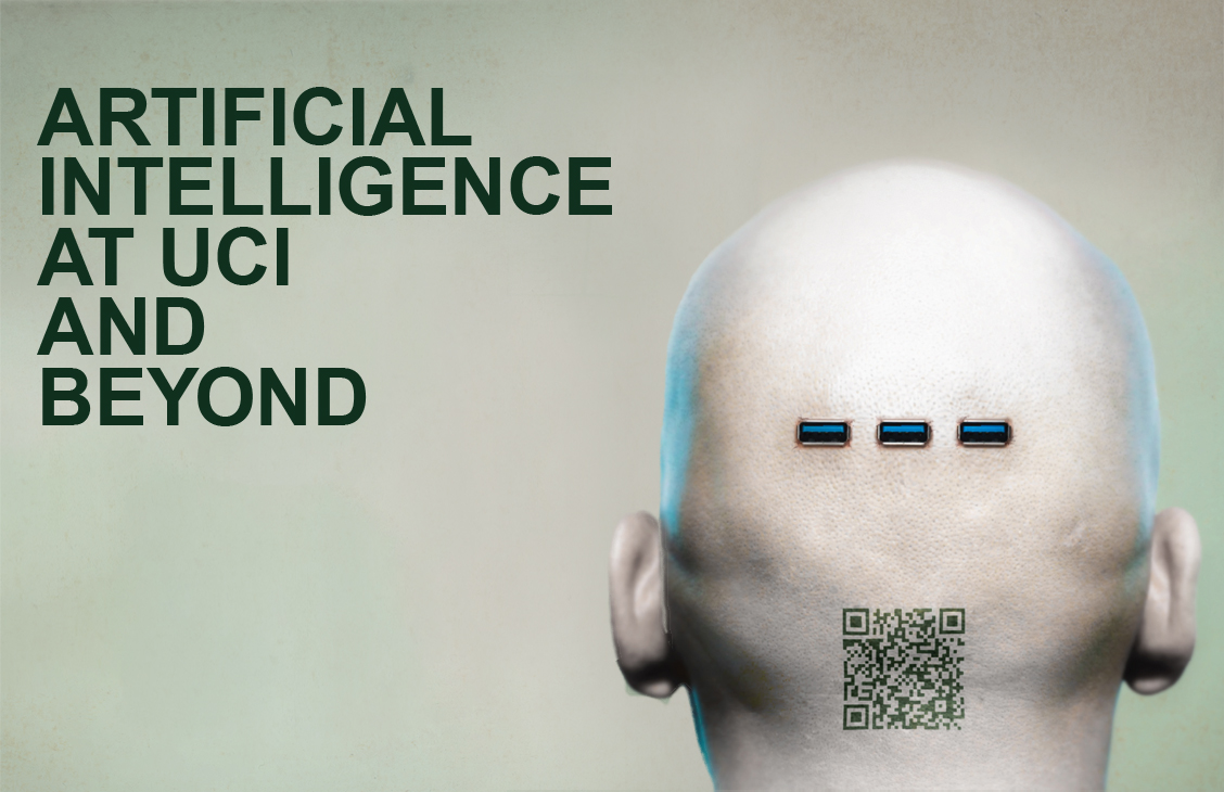 AI exhibit graphic showing USB inputs and a QR code on the back of a human head