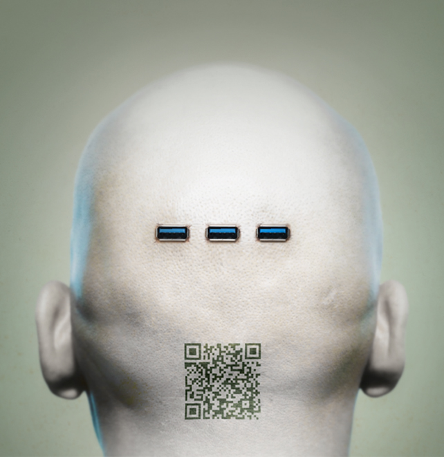 image of the back of a bald head with three usb ports and a QR code at the base of the neck