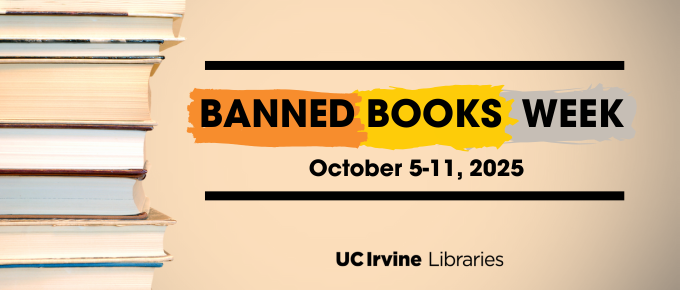 Stack of books next to Banned Books Week October 5-11 2025